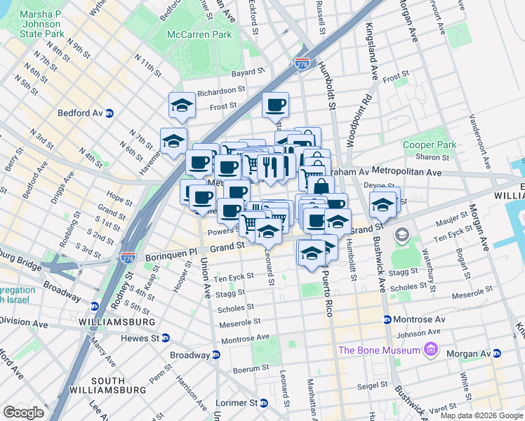 map of restaurants, bars, coffee shops, grocery stores, and more near Ainslie Street in Brooklyn