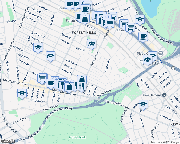 map of restaurants, bars, coffee shops, grocery stores, and more near 1-94 Ascan Avenue in Queens