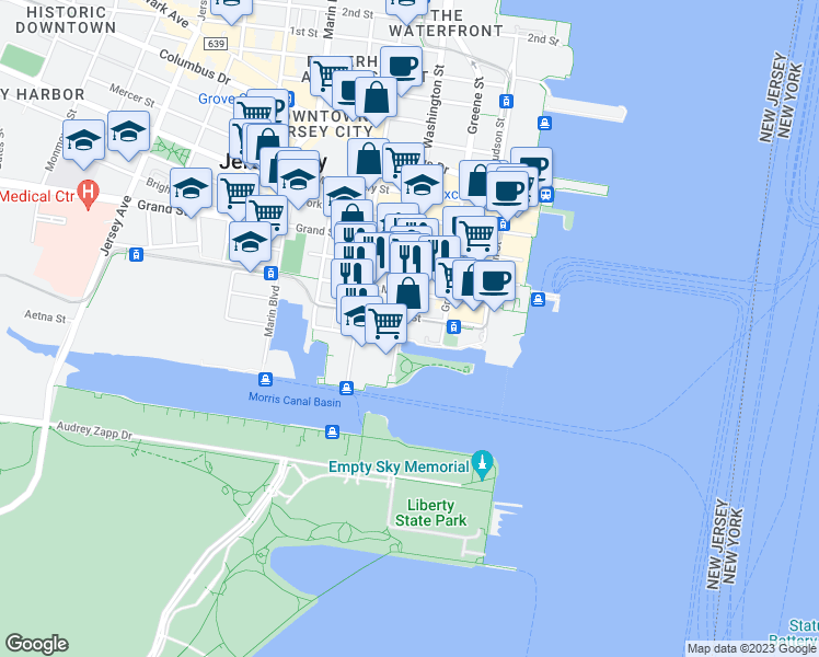 map of restaurants, bars, coffee shops, grocery stores, and more near 115 Morris Street in Jersey City
