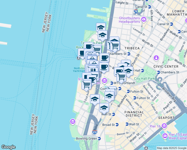 map of restaurants, bars, coffee shops, grocery stores, and more near 230 Vesey Street in New York