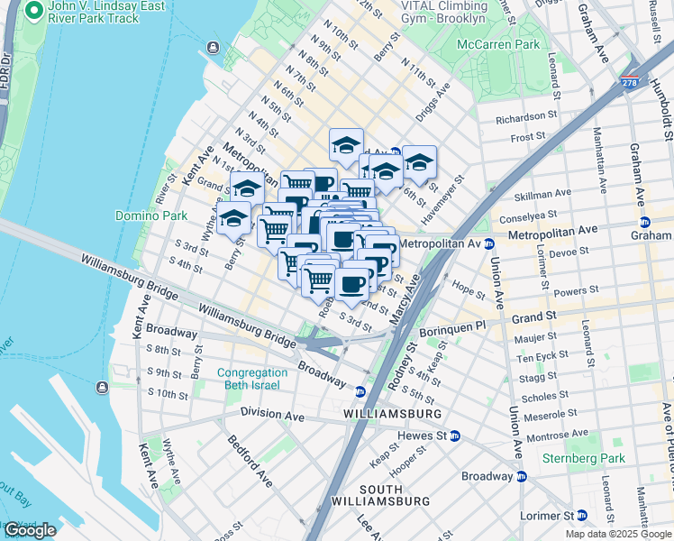 map of restaurants, bars, coffee shops, grocery stores, and more near 175 Roebling Street in Brooklyn