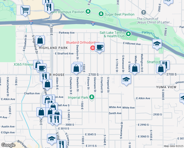 map of restaurants, bars, coffee shops, grocery stores, and more near 2696 Glenmare Street in Salt Lake City