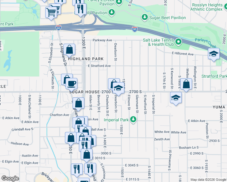 map of restaurants, bars, coffee shops, grocery stores, and more near 2695 Dearborn Street in Salt Lake City