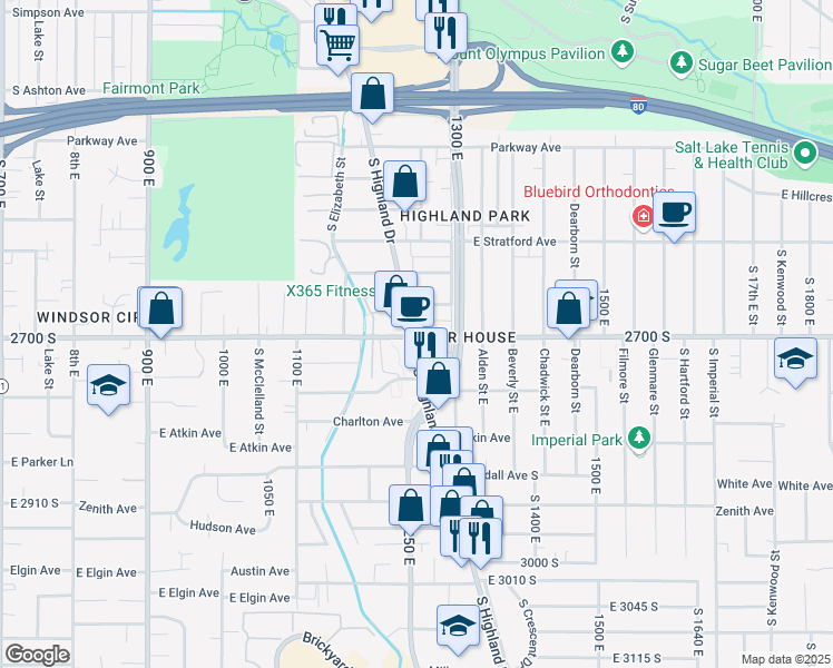 map of restaurants, bars, coffee shops, grocery stores, and more near 2695 Highland Drive in Salt Lake City