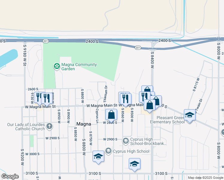 map of restaurants, bars, coffee shops, grocery stores, and more near 2623 Titanium Drive in Magna