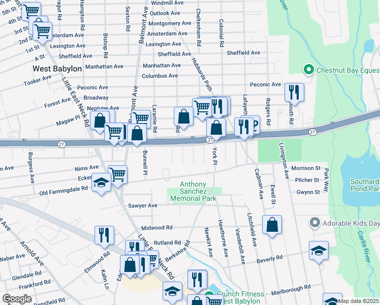 map of restaurants, bars, coffee shops, grocery stores, and more near 508 Bedford Avenue in West Babylon