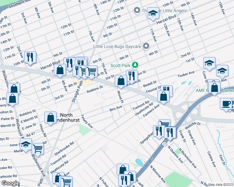 map of restaurants, bars, coffee shops, grocery stores, and more near 31 Wood Place in Lindenhurst