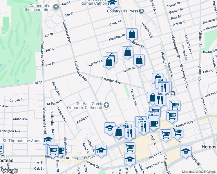 map of restaurants, bars, coffee shops, grocery stores, and more near 12 Garden Place in Hempstead