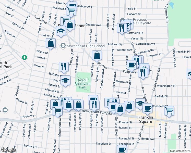 map of restaurants, bars, coffee shops, grocery stores, and more near 167 Farnum Boulevard in Franklin Square