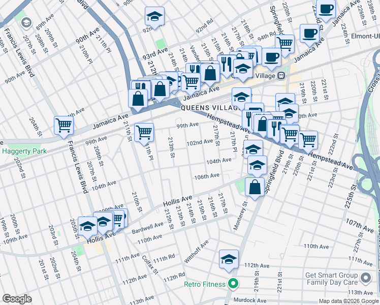 map of restaurants, bars, coffee shops, grocery stores, and more near 10216 216th Street in Queens