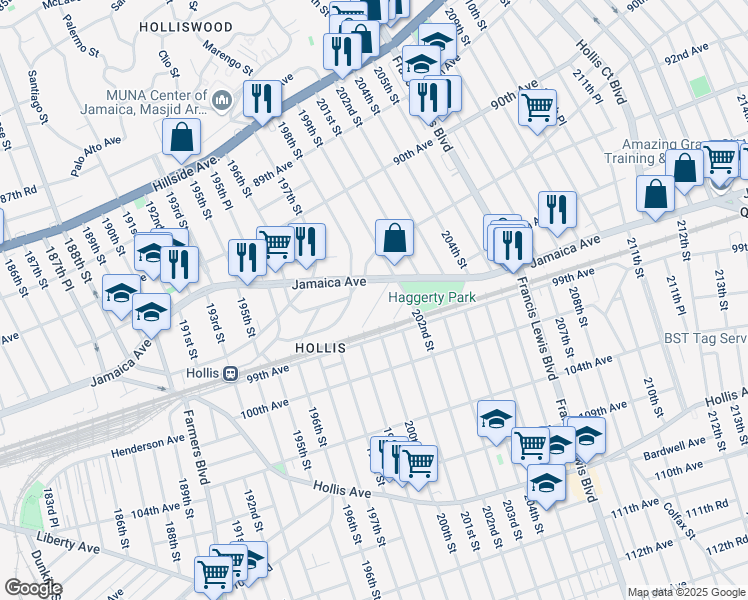 map of restaurants, bars, coffee shops, grocery stores, and more near 94-11 199th Street in Queens