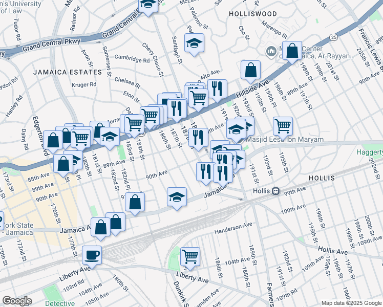 map of restaurants, bars, coffee shops, grocery stores, and more near 89-23 187th Place in Queens