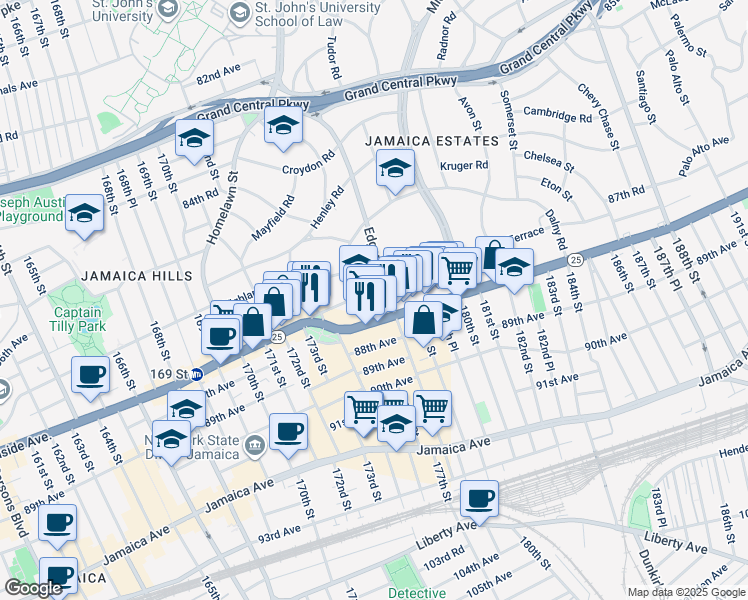 map of restaurants, bars, coffee shops, grocery stores, and more near 177-16 Wexford Terrace in Queens