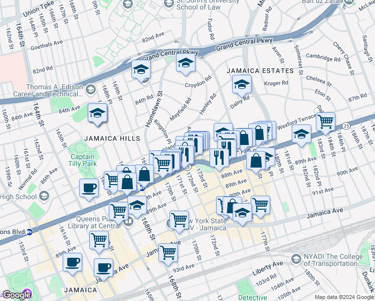 map of restaurants, bars, coffee shops, grocery stores, and more near 50 Highland Avenue in Queens