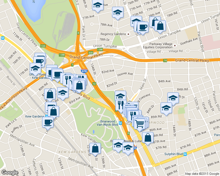 map of restaurants, bars, coffee shops, grocery stores, and more near 135-34 82nd Drive in Queens