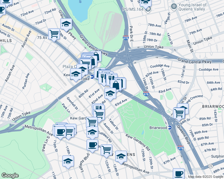 map of restaurants, bars, coffee shops, grocery stores, and more near 120-46 Queens Boulevard in Queens