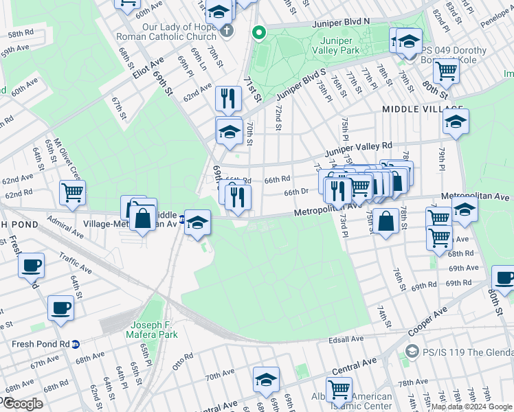 map of restaurants, bars, coffee shops, grocery stores, and more near 66-55 71st Street in Queens