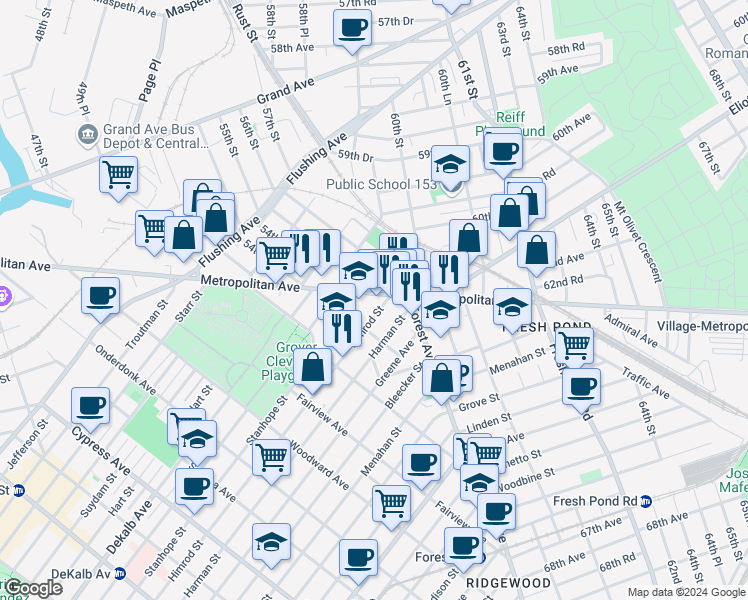 map of restaurants, bars, coffee shops, grocery stores, and more near 5517 Metropolitan Avenue in Queens