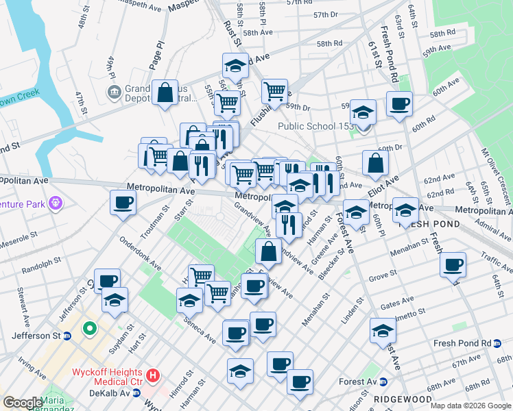 map of restaurants, bars, coffee shops, grocery stores, and more near 53-56 Metropolitan Avenue in Queens