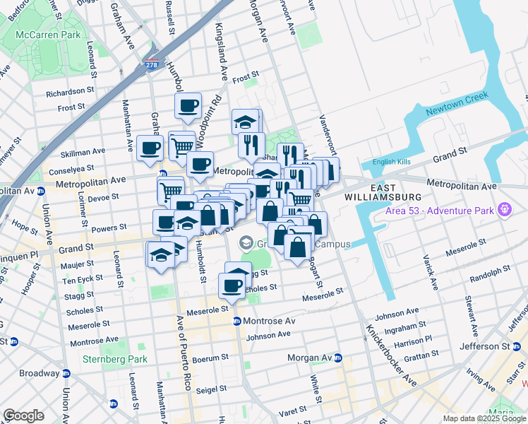 map of restaurants, bars, coffee shops, grocery stores, and more near 316 Powers Street in Brooklyn