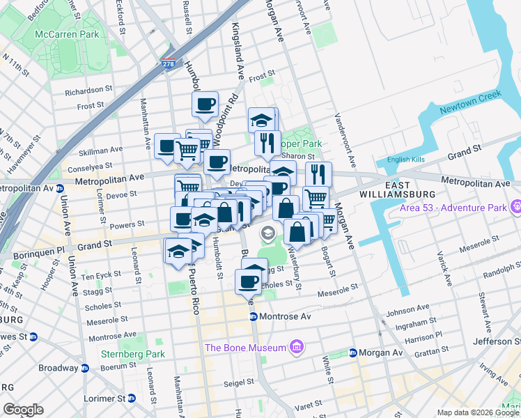 map of restaurants, bars, coffee shops, grocery stores, and more near 182 Powers Street in Brooklyn