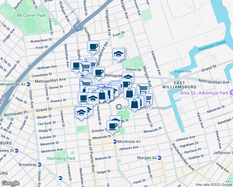 map of restaurants, bars, coffee shops, grocery stores, and more near 182 Powers Street in Brooklyn