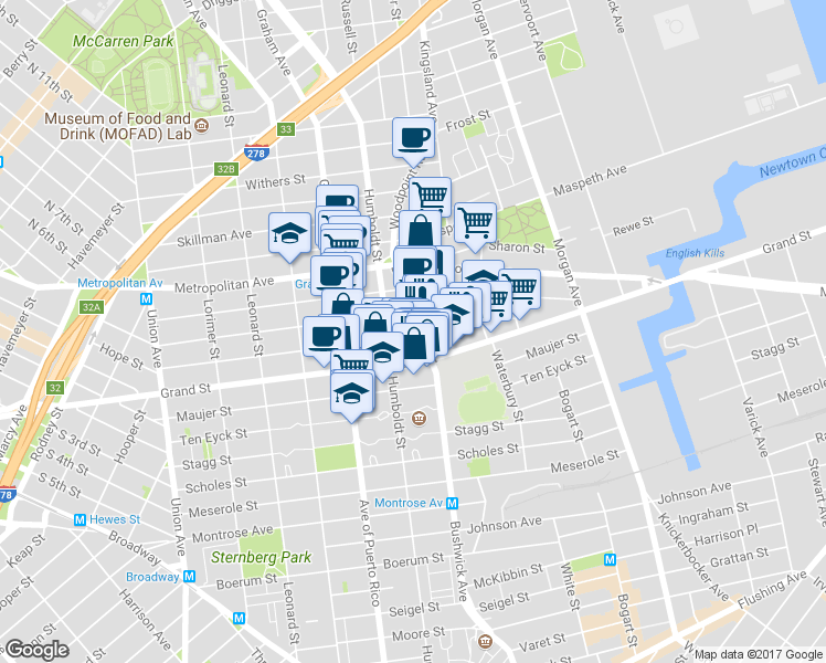 map of restaurants, bars, coffee shops, grocery stores, and more near 65 Bushwick Avenue in Brooklyn