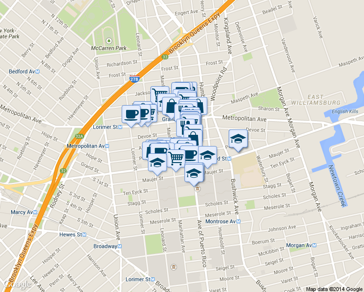 map of restaurants, bars, coffee shops, grocery stores, and more near 207 Ainslie Street in Brooklyn