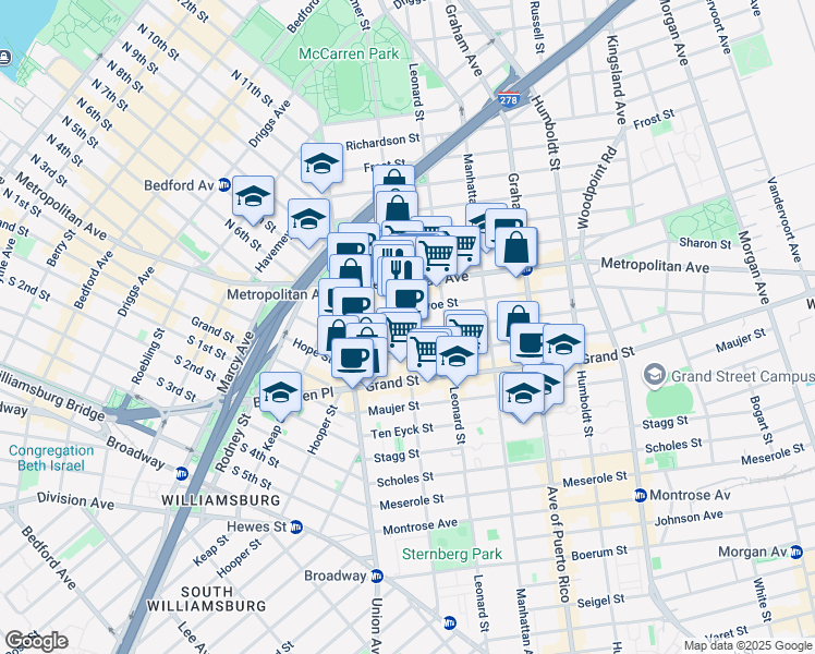 map of restaurants, bars, coffee shops, grocery stores, and more near 149 Ainslie Street in Brooklyn