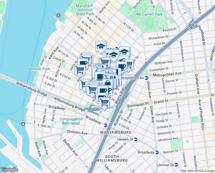 map of restaurants, bars, coffee shops, grocery stores, and more near 124-128 Havemeyer Street in Brooklyn