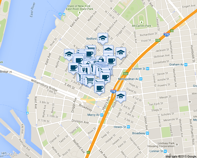 map of restaurants, bars, coffee shops, grocery stores, and more near 175 Roebling Street in Brooklyn