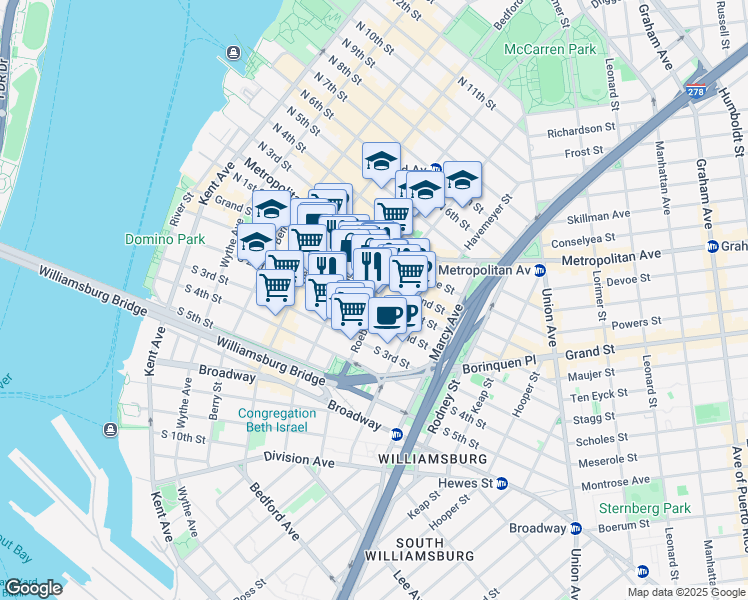 map of restaurants, bars, coffee shops, grocery stores, and more near 175 Roebling Street in Brooklyn