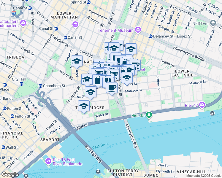 map of restaurants, bars, coffee shops, grocery stores, and more near 80 Henry Street in New York