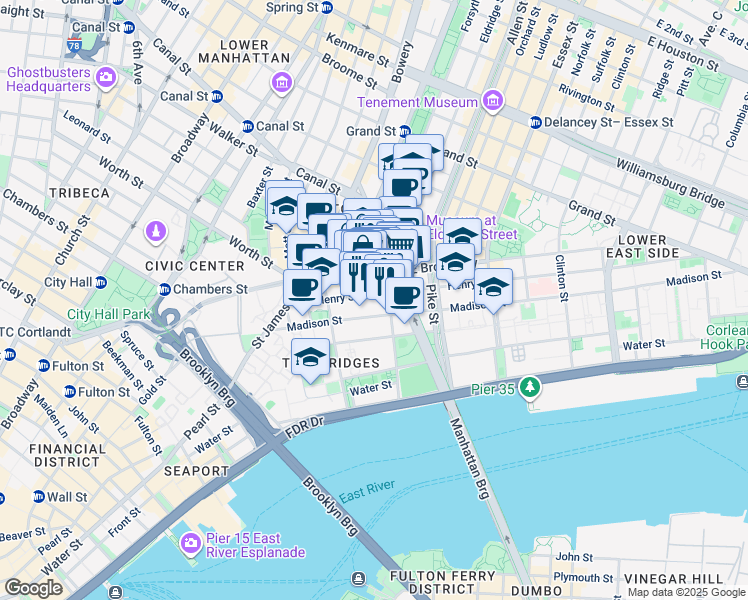 map of restaurants, bars, coffee shops, grocery stores, and more near 56 East Broadway in New York