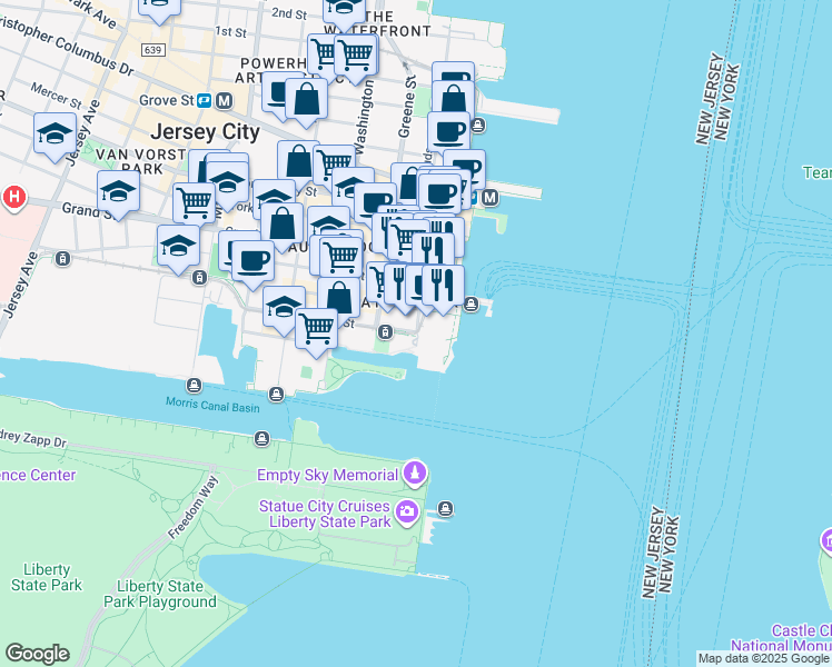 map of restaurants, bars, coffee shops, grocery stores, and more near 35 Hudson Street in Jersey City