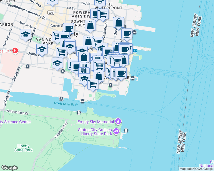 map of restaurants, bars, coffee shops, grocery stores, and more near 76 Essex Street in Jersey City
