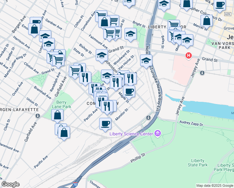 map of restaurants, bars, coffee shops, grocery stores, and more near 361 Whiton Street in Jersey City