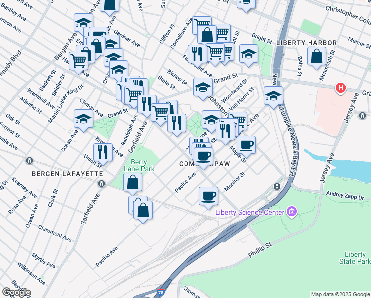 map of restaurants, bars, coffee shops, grocery stores, and more near 392 Communipaw Avenue in Jersey City