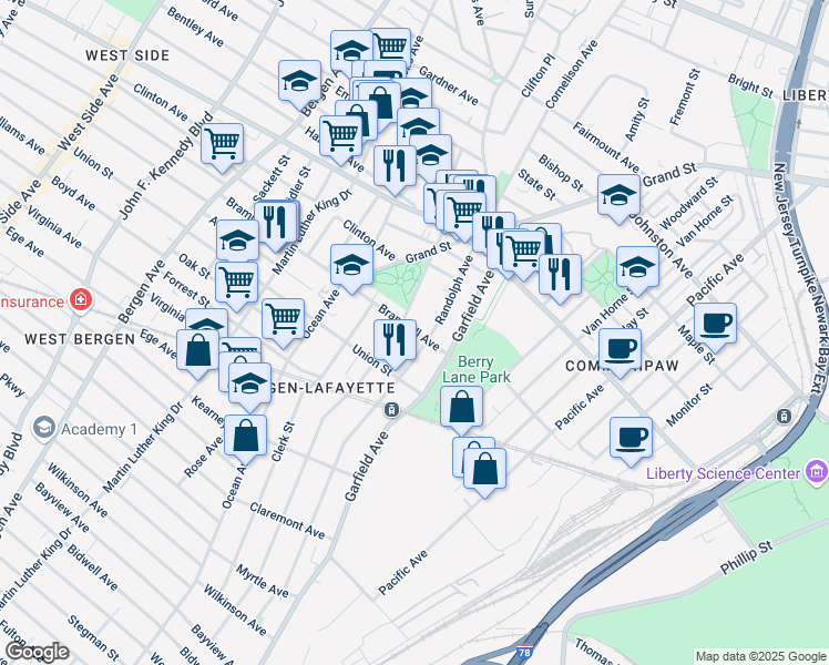 map of restaurants, bars, coffee shops, grocery stores, and more near in Jersey City