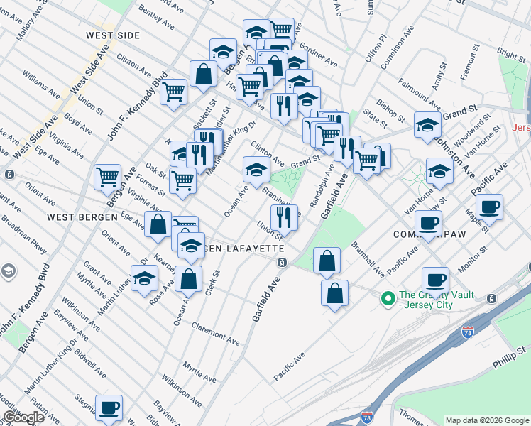 map of restaurants, bars, coffee shops, grocery stores, and more near 471 Bramhall Avenue in Jersey City