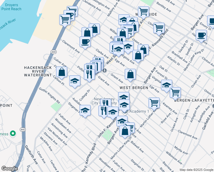 map of restaurants, bars, coffee shops, grocery stores, and more near 242 Grant Avenue in Jersey City