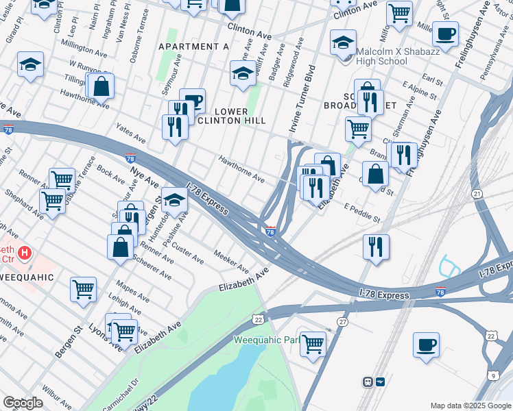 map of restaurants, bars, coffee shops, grocery stores, and more near 598 Irvine Turner Boulevard in Newark