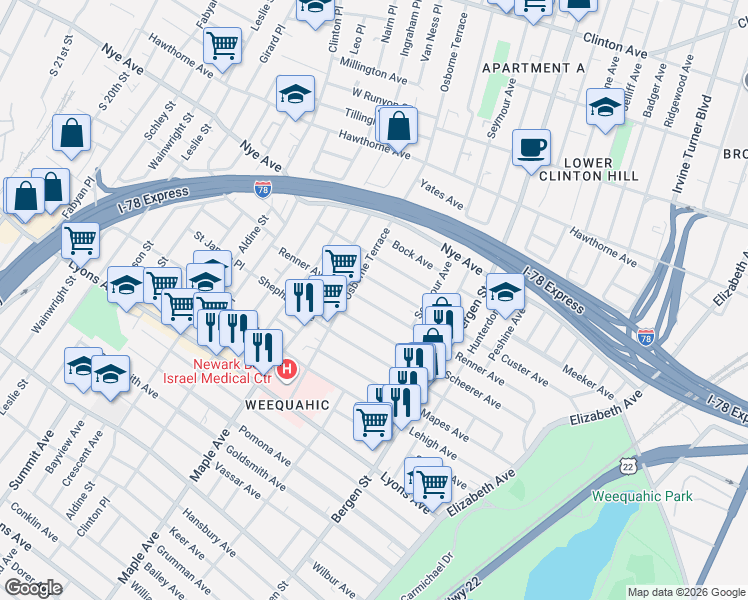 map of restaurants, bars, coffee shops, grocery stores, and more near 249 Renner Avenue in Newark