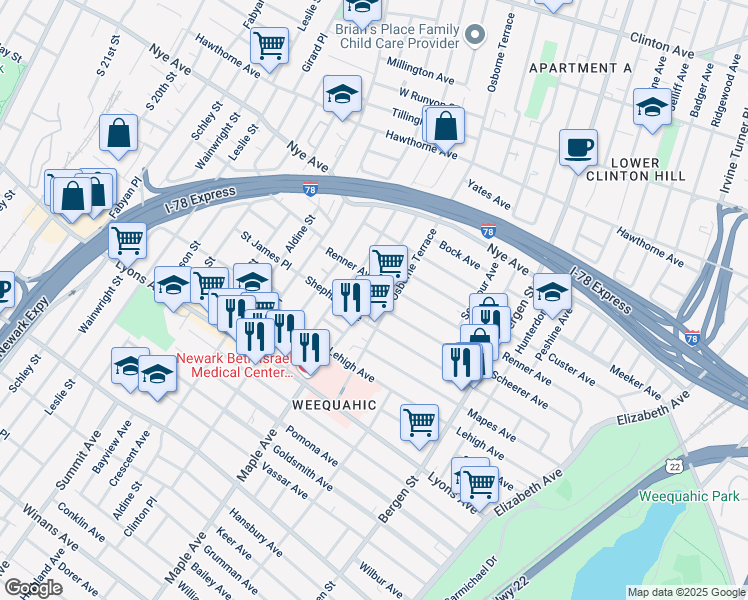 map of restaurants, bars, coffee shops, grocery stores, and more near 133 Huntington Terrace in Newark