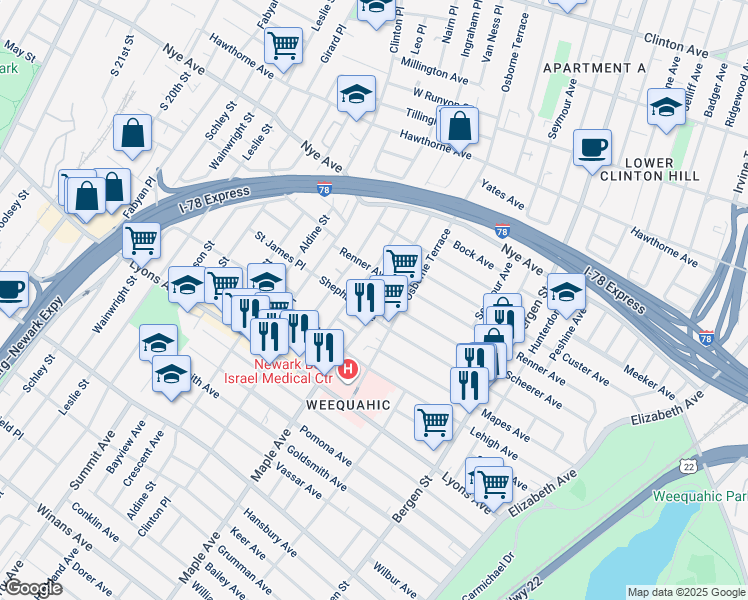 map of restaurants, bars, coffee shops, grocery stores, and more near 133 Huntington Terrace in Newark