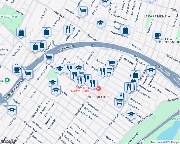 map of restaurants, bars, coffee shops, grocery stores, and more near in 