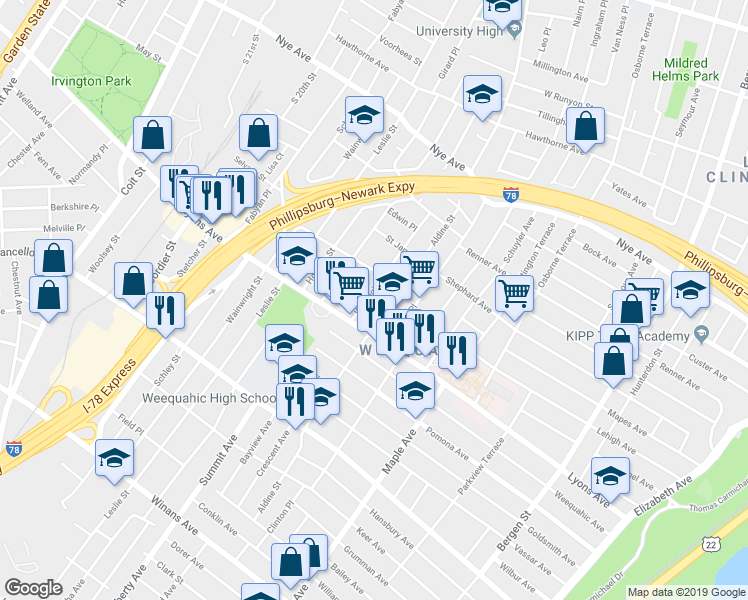 map of restaurants, bars, coffee shops, grocery stores, and more near 87 Willoughby Street in Newark