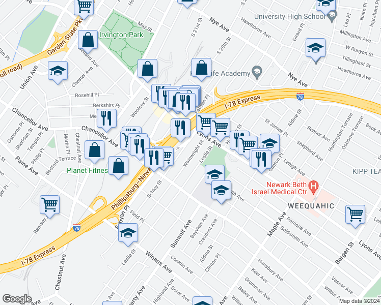 map of restaurants, bars, coffee shops, grocery stores, and more near 248 Schley Street in Newark
