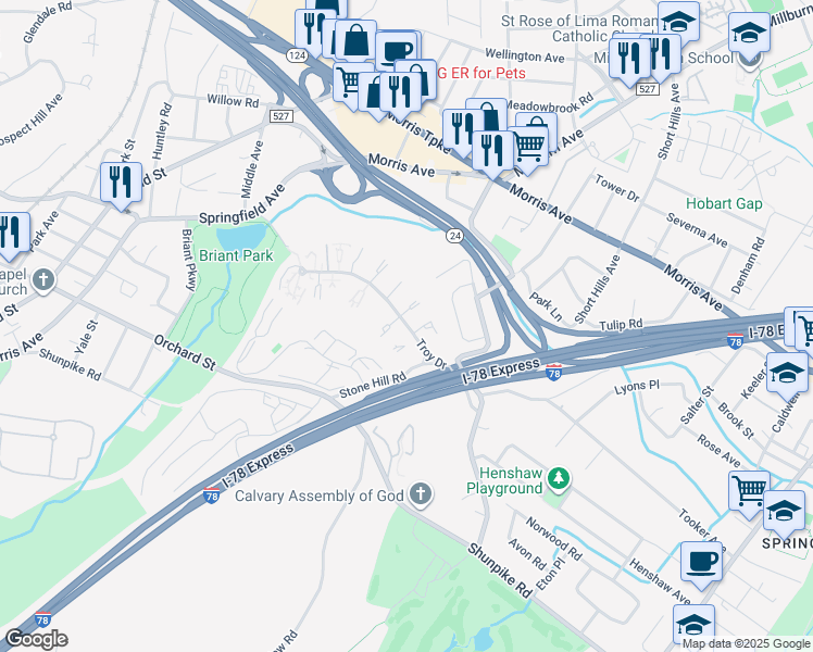 map of restaurants, bars, coffee shops, grocery stores, and more near 18 Troy Drive in Springfield