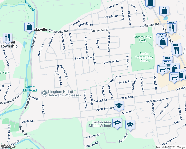 map of restaurants, bars, coffee shops, grocery stores, and more near 1188 Dewalt Drive in Easton
